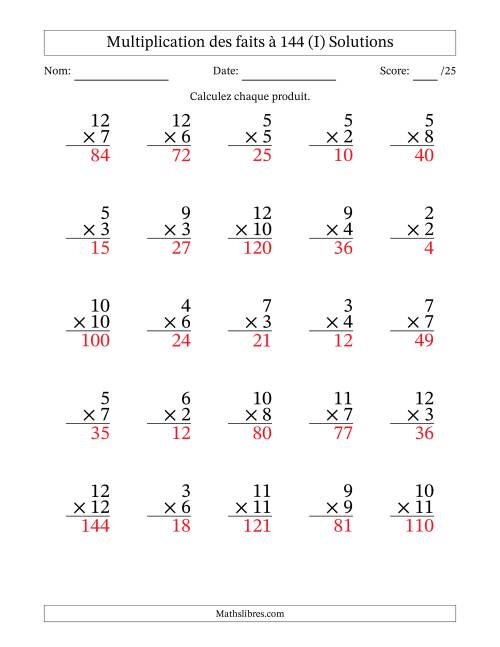 Multiplication des faits à 144 (25 Questions) (Pas de zéros ni de uns) (I) page 2
