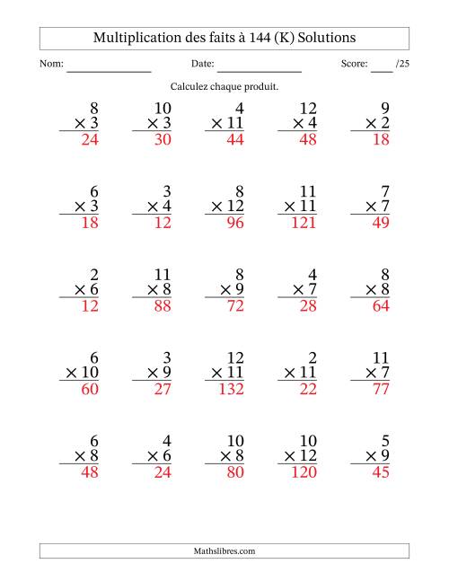Multiplication des faits à 144 (25 Questions) (Pas de zéros ni de uns) (K) page 2