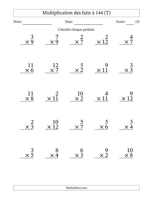 Multiplication des faits à 144 (25 Questions) (Pas de zéros ni de uns) (T)