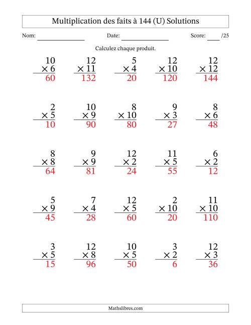 Multiplication des faits à 144 (25 Questions) (Pas de zéros ni de uns) (U) page 2