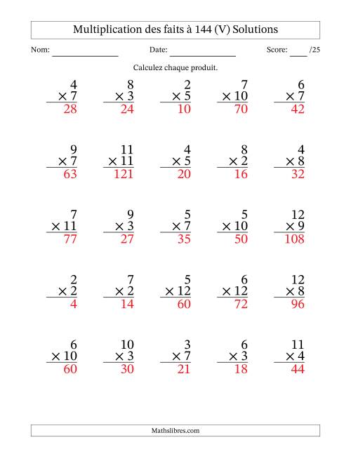 Multiplication des faits à 144 (25 Questions) (Pas de zéros ni de uns) (V) page 2