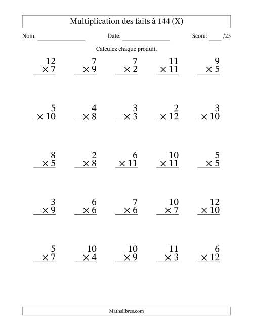 Multiplication des faits à 144 (25 Questions) (Pas de zéros ni de uns) (X)