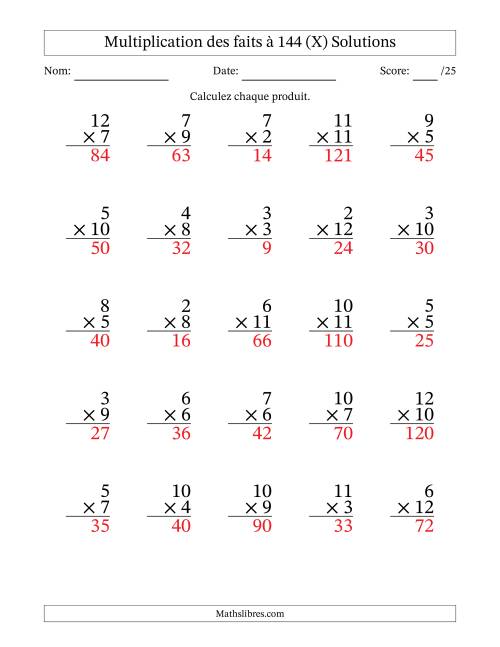 Multiplication des faits à 144 (25 Questions) (Pas de zéros ni de uns) (X) page 2