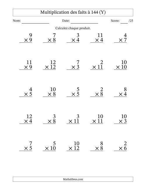 Multiplication des faits à 144 (25 Questions) (Pas de zéros ni de uns) (Y)