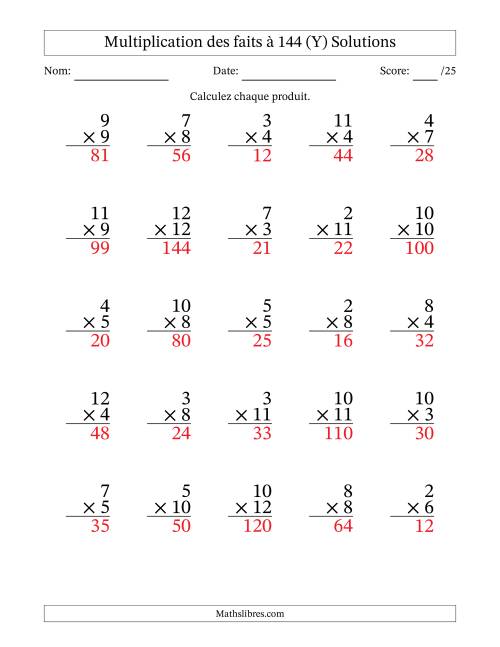 Multiplication des faits à 144 (25 Questions) (Pas de zéros ni de uns) (Y) page 2