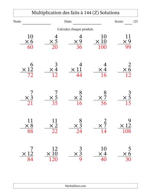 Multiplication des faits à 144 (25 Questions) (Pas de zéros ni de uns) (Z) page 2