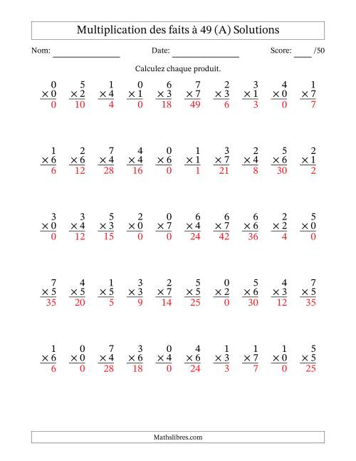 Multiplication des faits à 49 (50 Questions) (Avec Zeros) (A) page 2