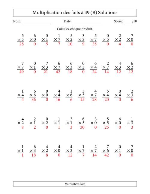 Multiplication des faits à 49 (50 Questions) (Avec Zeros) (B) page 2