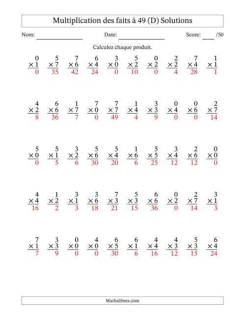 Multiplication des faits à 49 (50 Questions) (Avec Zeros) (D) page 2