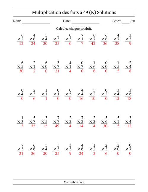 Multiplication des faits à 49 (50 Questions) (Avec Zeros) (K) page 2