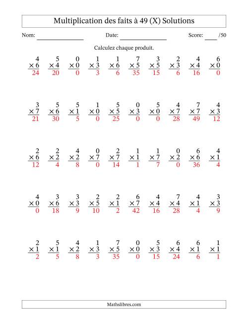 Multiplication des faits à 49 (50 Questions) (Avec Zeros) (X) page 2