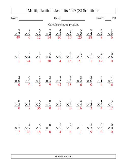 Multiplication des faits à 49 (50 Questions) (Avec Zeros) (Z) page 2