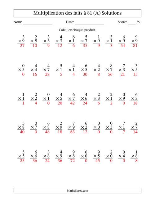 Multiplication des faits à 81 (50 Questions) (Avec zéros) (A) page 2