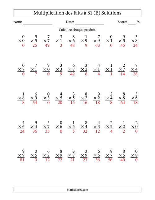 Multiplication des faits à 81 (50 Questions) (Avec zéros) (B) page 2