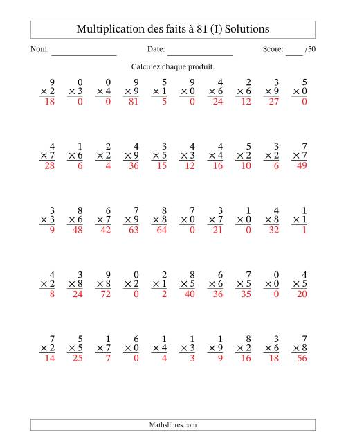Multiplication des faits à 81 (50 Questions) (Avec zéros) (I) page 2