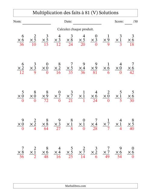 Multiplication des faits à 81 (50 Questions) (Avec zéros) (V) page 2