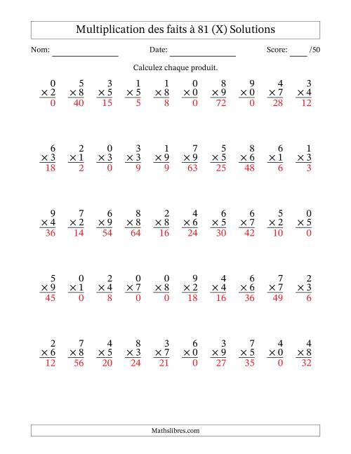 Multiplication des faits à 81 (50 Questions) (Avec zéros) (X) page 2