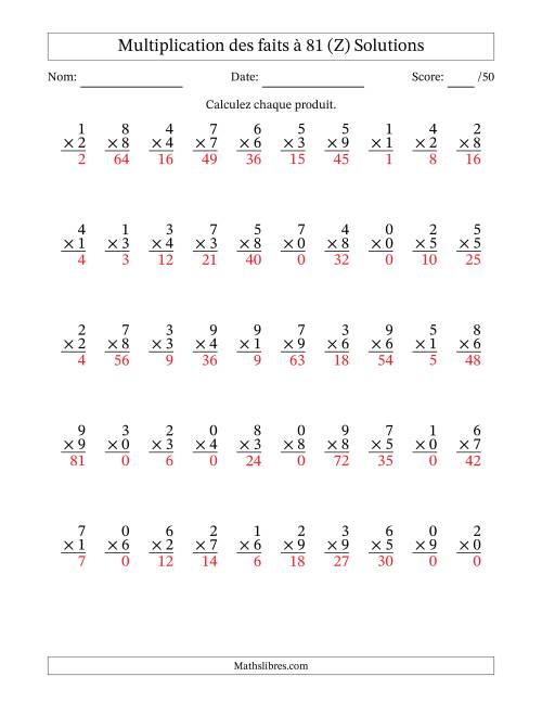 Multiplication des faits à 81 (50 Questions) (Avec zéros) (Z) page 2