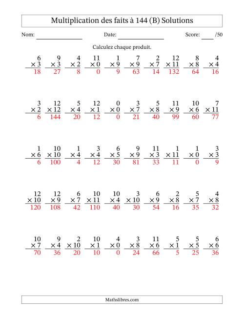 Multiplication des faits à 144 (50 Questions) (Avec zéros) (B) page 2