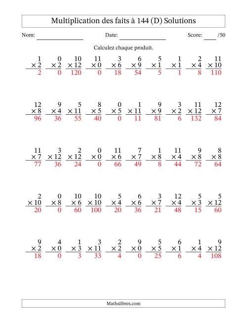 Multiplication des faits à 144 (50 Questions) (Avec zéros) (D) page 2