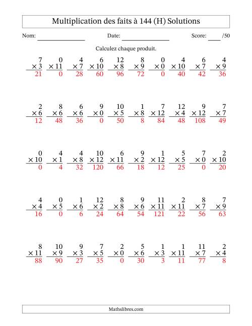 Multiplication des faits à 144 (50 Questions) (Avec zéros) (H) page 2