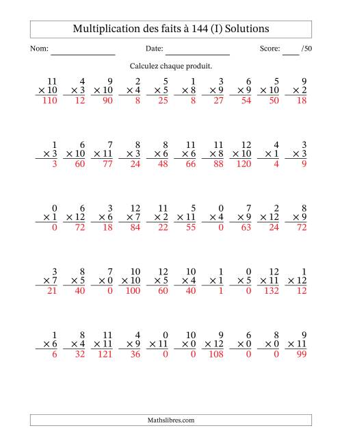 Multiplication des faits à 144 (50 Questions) (Avec zéros) (I) page 2