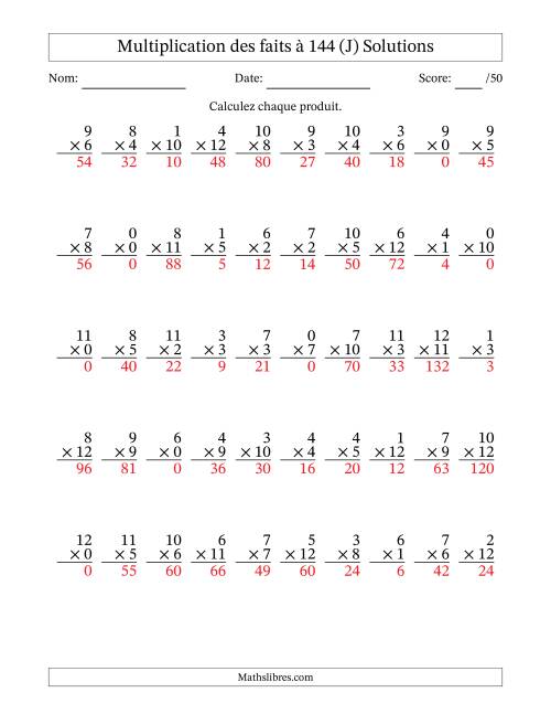 Multiplication des faits à 144 (50 Questions) (Avec zéros) (J) page 2