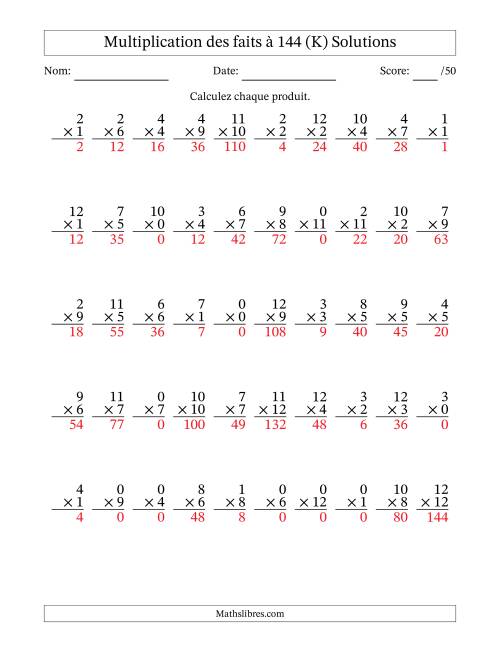 Multiplication des faits à 144 (50 Questions) (Avec zéros) (K) page 2