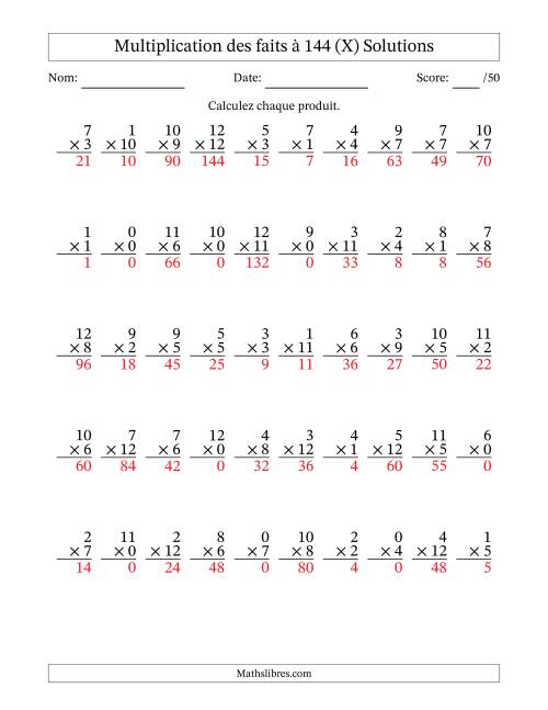 Multiplication des faits à 144 (50 Questions) (Avec zéros) (X) page 2