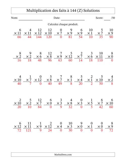 Multiplication des faits à 144 (50 Questions) (Avec zéros) (Z) page 2