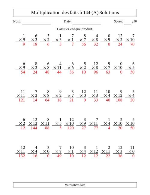 Multiplication des faits à 144 (50 Questions) (Avec zéros) (Tout) page 2