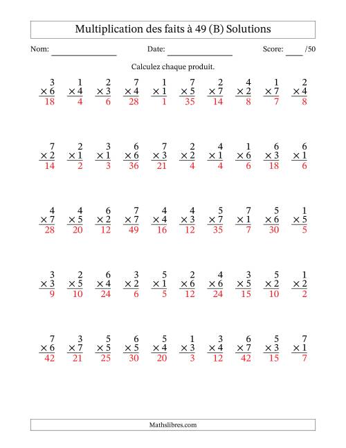 Multiplication des faits à 49 (50 Questions) (Pas de Zeros) (B) page 2