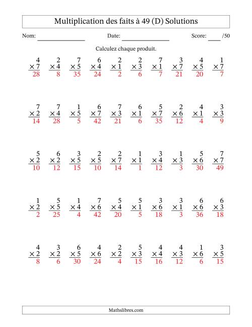 Multiplication des faits à 49 (50 Questions) (Pas de Zeros) (D) page 2