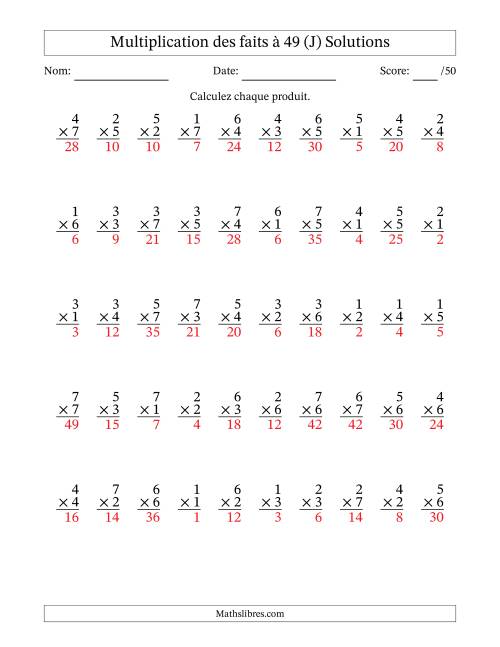 Multiplication des faits à 49 (50 Questions) (Pas de Zeros) (J) page 2