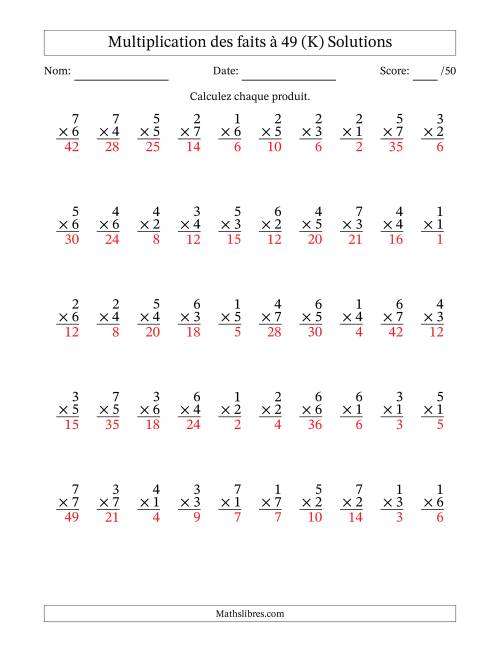 Multiplication des faits à 49 (50 Questions) (Pas de Zeros) (K) page 2