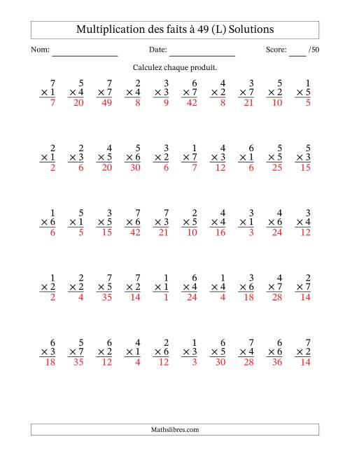 Multiplication des faits à 49 (50 Questions) (Pas de Zeros) (L) page 2