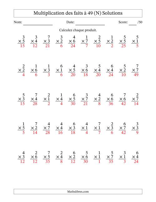 Multiplication des faits à 49 (50 Questions) (Pas de Zeros) (N) page 2