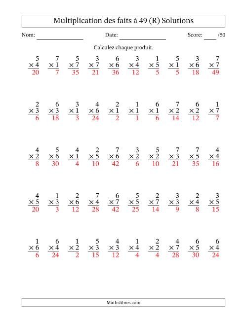 Multiplication des faits à 49 (50 Questions) (Pas de Zeros) (R) page 2