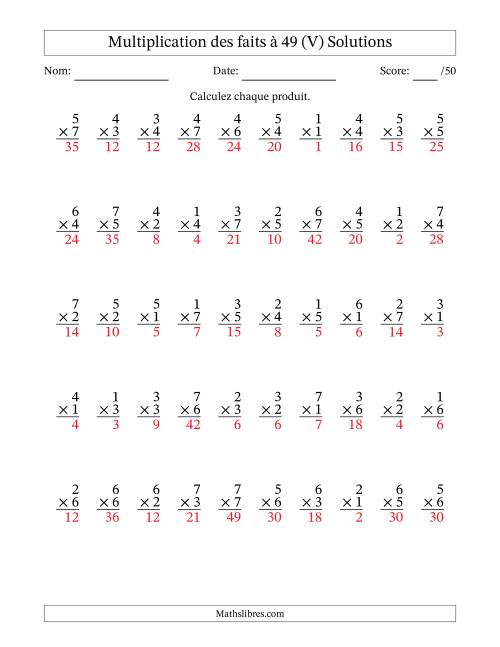 Multiplication des faits à 49 (50 Questions) (Pas de Zeros) (V) page 2
