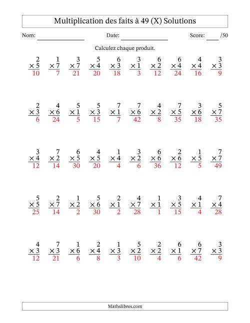 Multiplication des faits à 49 (50 Questions) (Pas de Zeros) (X) page 2