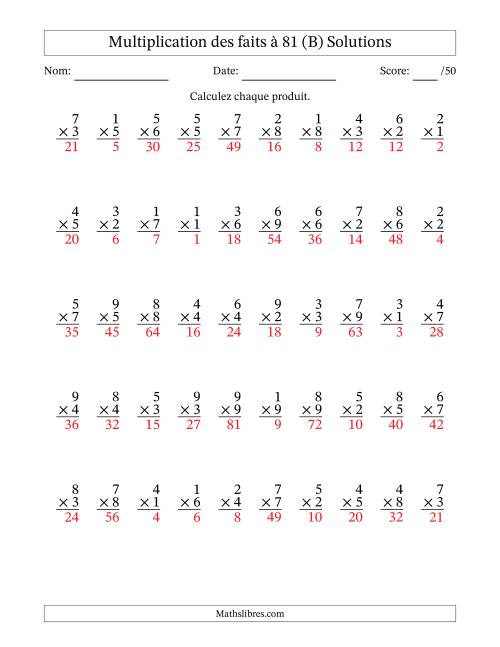 Multiplication des faits à 81 (50 Questions) (Pas de zéros) (B) page 2