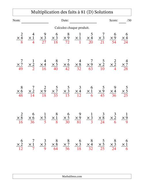 Multiplication des faits à 81 (50 Questions) (Pas de zéros) (D) page 2