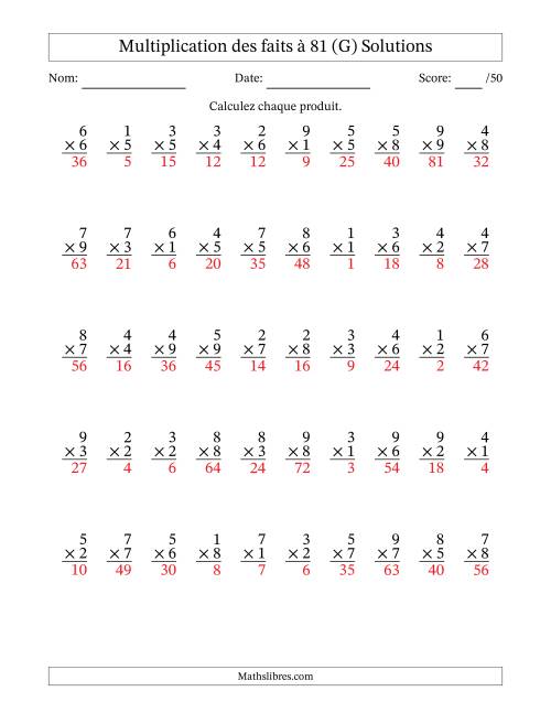 Multiplication des faits à 81 (50 Questions) (Pas de zéros) (G) page 2
