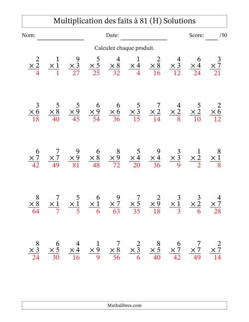 Multiplication des faits à 81 (50 Questions) (Pas de zéros) (H) page 2