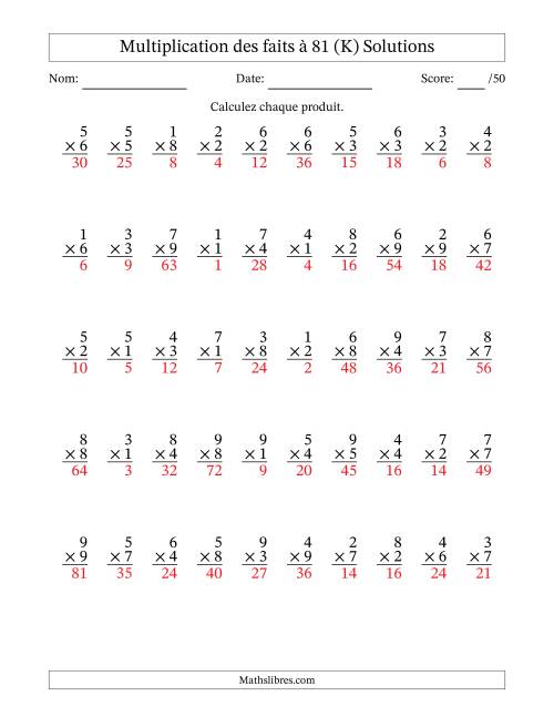 Multiplication des faits à 81 (50 Questions) (Pas de zéros) (K) page 2