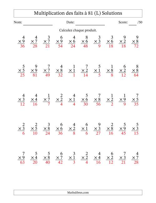 Multiplication des faits à 81 (50 Questions) (Pas de zéros) (L) page 2