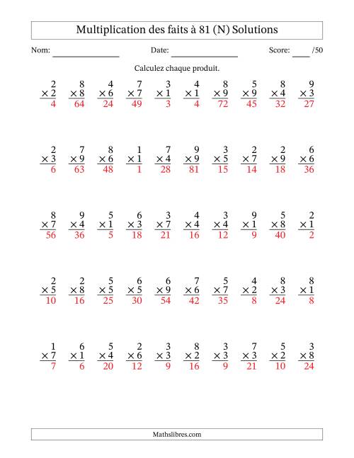Multiplication des faits à 81 (50 Questions) (Pas de zéros) (N) page 2