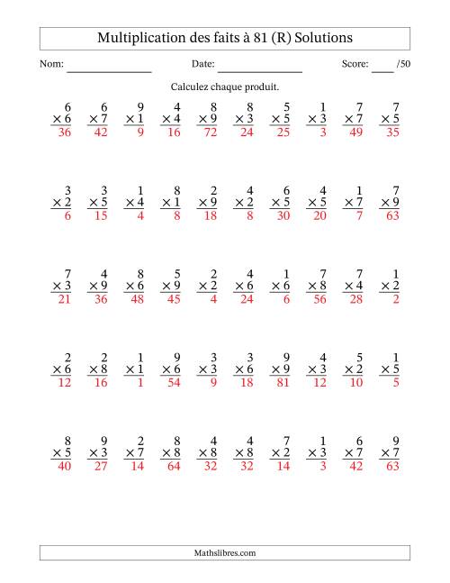 Multiplication des faits à 81 (50 Questions) (Pas de zéros) (R) page 2