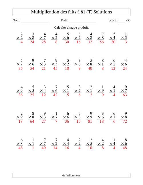Multiplication des faits à 81 (50 Questions) (Pas de zéros) (T) page 2