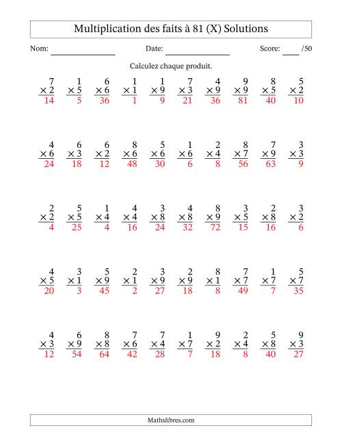 Multiplication des faits à 81 (50 Questions) (Pas de zéros) (X) page 2